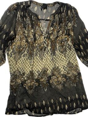 Paisley Split-Neck Blouse in Black and Cream